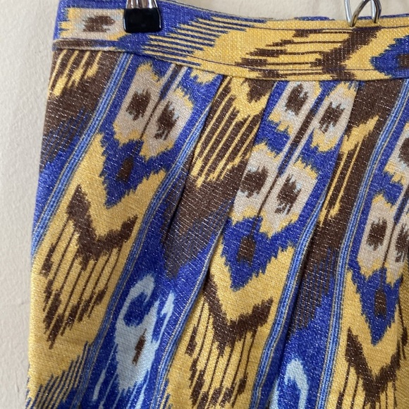 Tory Burch Jemima Ikat Gold Metallic Tulip Skirt Body Con Pencil 8 Yellow Blue - Picture 2 of 5